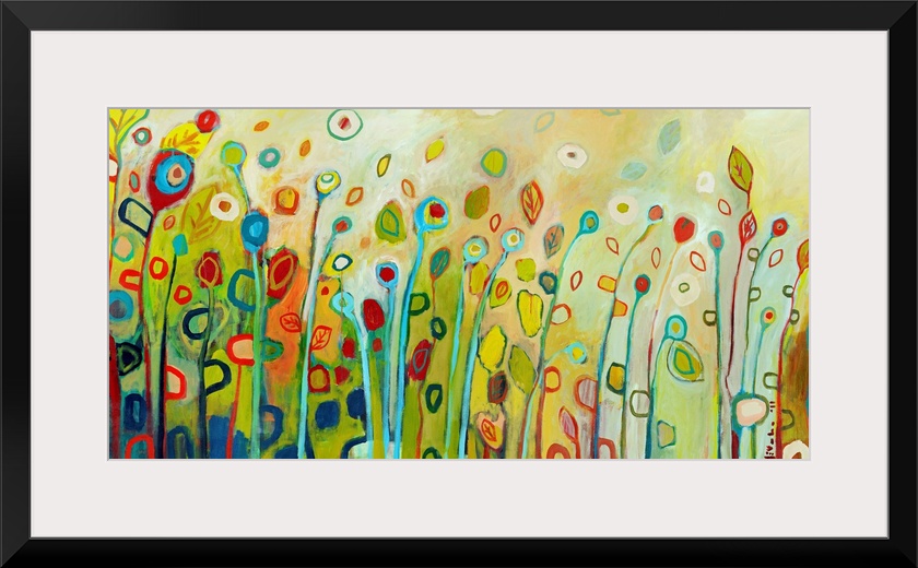 Large contemporary painting with vertical, multicolor flowers and leaves.