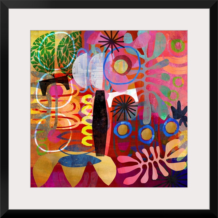 A riotous jumble of abstract shapes in warm tones. A very impactful, maximalist work of art, it would fit perfectly into a...