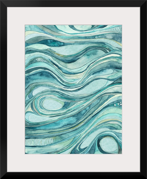 Contemporary abstract watercolor artwork in blue shades, resembling waves of flowing water.