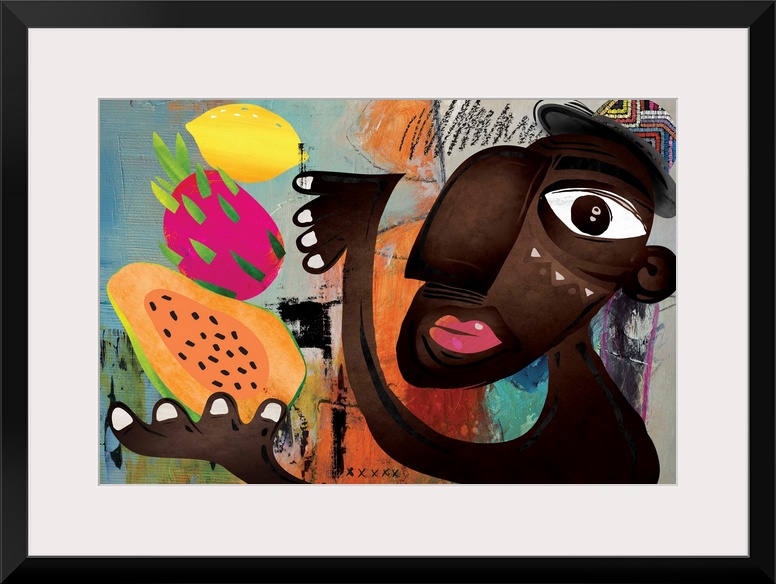 Modern and funky image featuring a dark-skinned man juggling various tropical fruits. Colorful, fun and fresh, this would ...