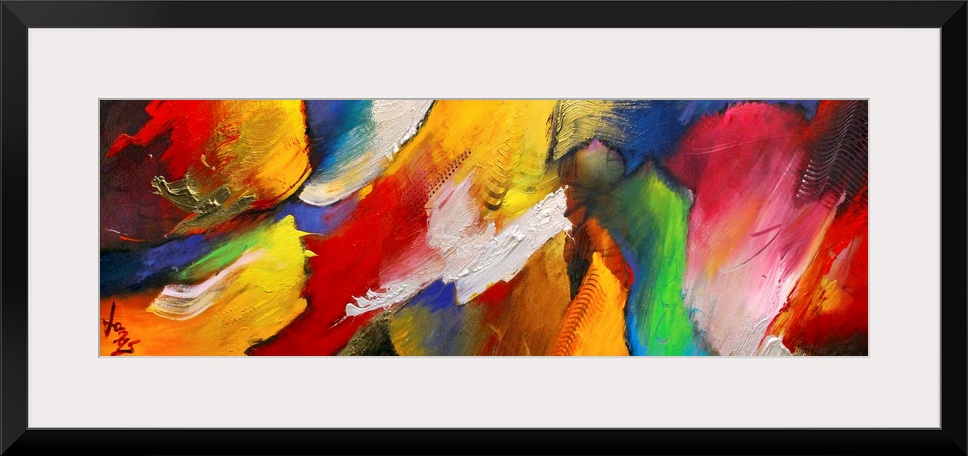 Panoramic abstract art focuses on diagonal lines of movement that are filled with intense colors and rough textures.