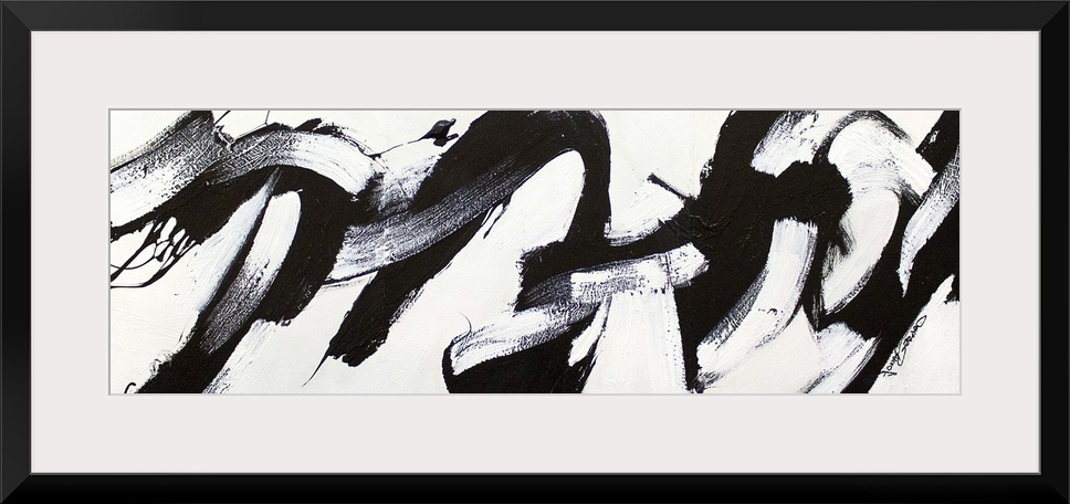 Contemporary abstract painting of bold black strokes of paint in fluid movements against a white background.