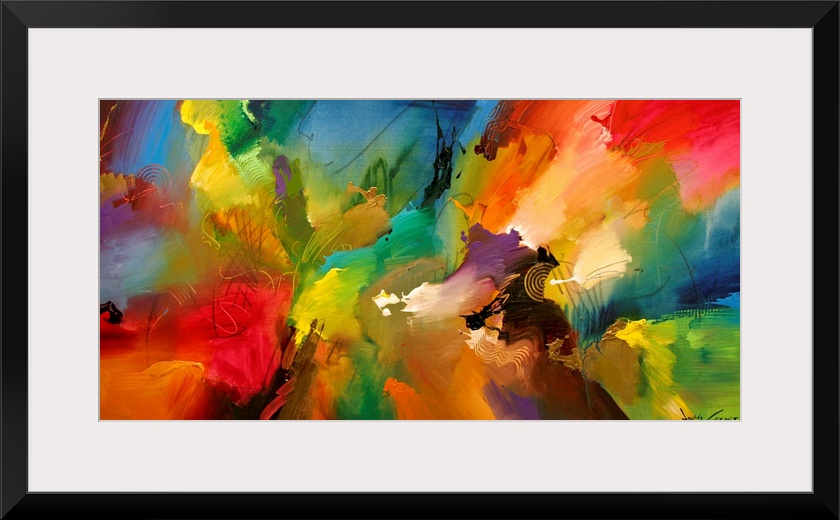 A large abstract painting displaying a multitude of colors and a variety of different textures.