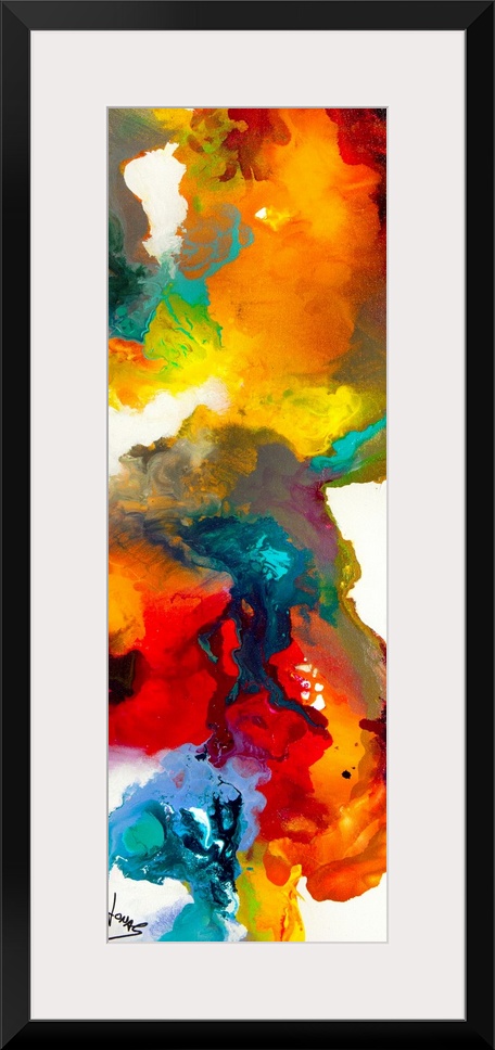 This is a narrow vertical panoramic shaped painting of a vivid blend of wet paints creating a swirling energy on the surfa...