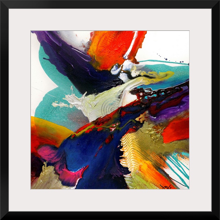 This highly energetic square wall art was created by layering splattered paint to create this contemporary abstract painting.