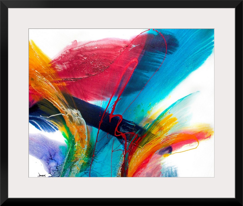 An abstract painting on a square canvas this artwork has a great sense of energy and motion.