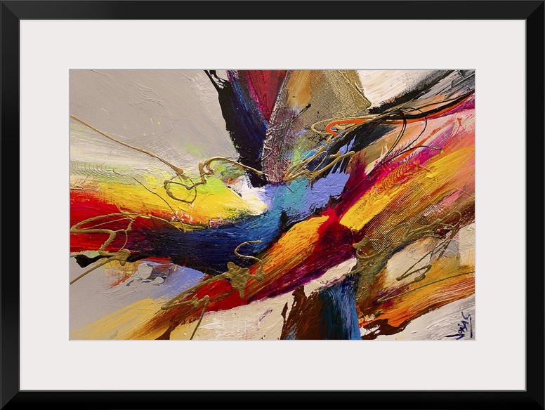Contemporary abstract painting using a convergence of textures and tones spanning the gamut of color.