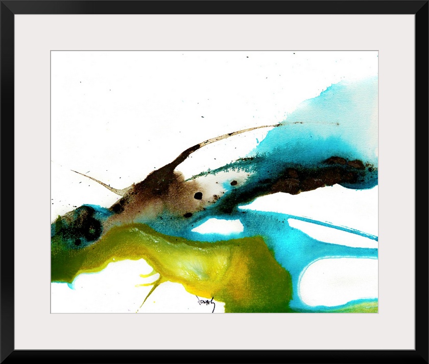 Large abstract painting with bright, multicolor paint splatters on a blank background.