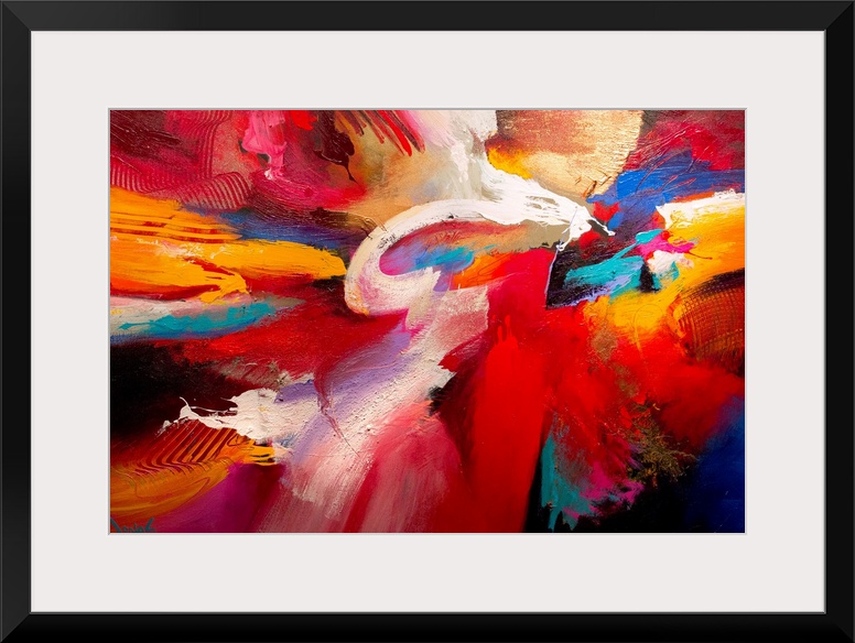 An energetic abstract painting made with thick paint textures and broad brush strokes.