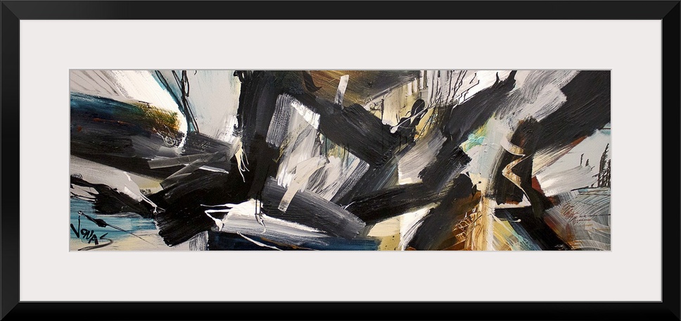 A contemporary abstract painting using bold black segmented strokes against a neutral toned background.
