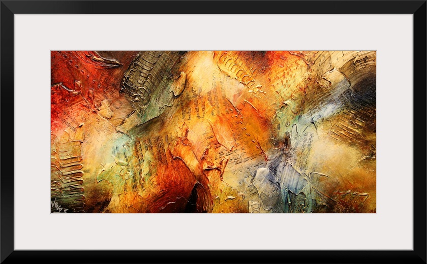 Abstract painting of broad warm toned strokes layered over top of each other making raised textures in certain areas.