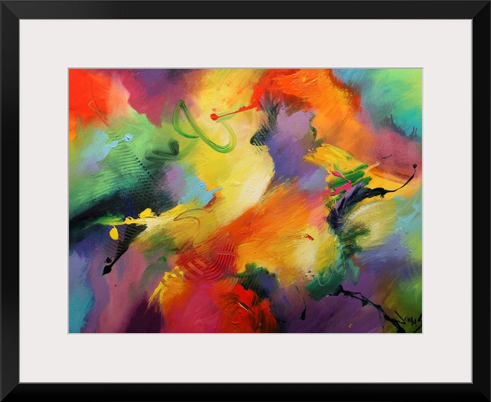 A wild abstract painting of vivid colors blended together on horizontal wall art.