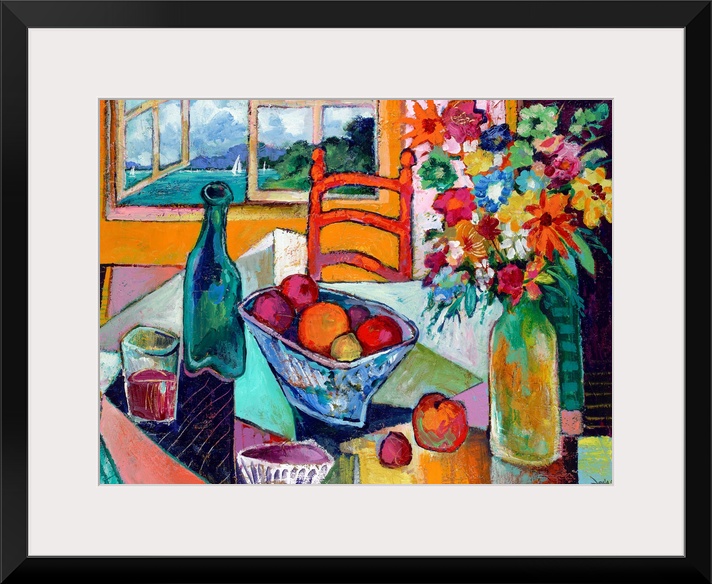 Contemporary art painting of a table with fruit, flowers and wine next to an open window overlooking a sailboat on the water.