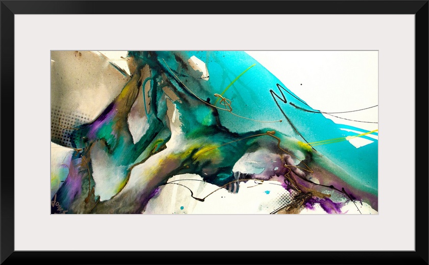 Contemporary artwork of abstract bright colors, including teal hues against an off-white background.