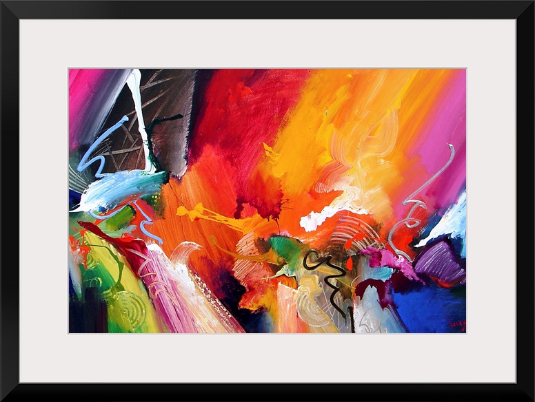 Large abstract painting composed of sharp lines, vibrant colors and lots of movement.