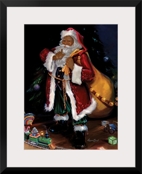 Fine art painting of Santa Claus holding a bag with toys on the floor.