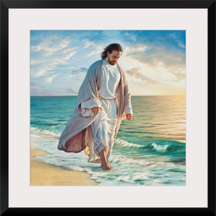 Fine Art painting of Jesus walking in the edge of the surf on a beach.