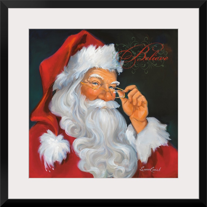 Fine art painting of Santa Claus in a red suit with the word "Believe"  above his head.