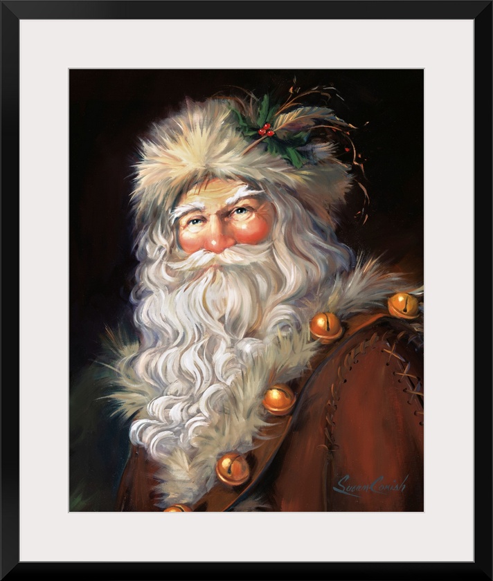 Fine art painting of Santa Claus wearing a fur hat and jacket.