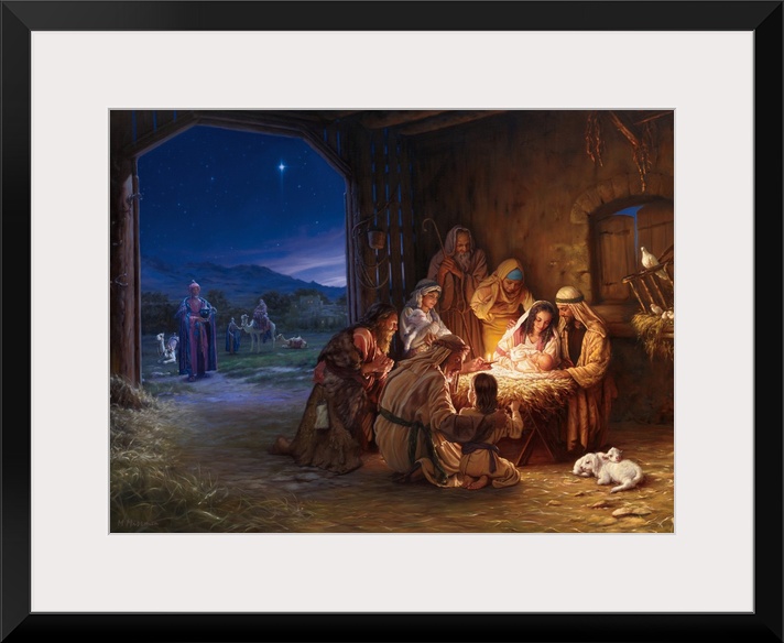Religious painting featuring the nativity scene as shepherds gather around the baby Jesus and the...