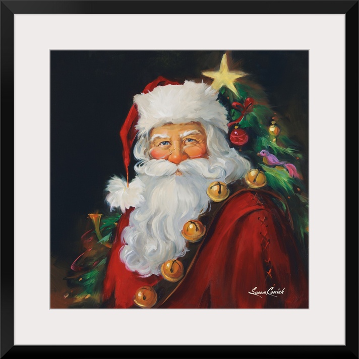 Portrait of Santa with a tree in the background.