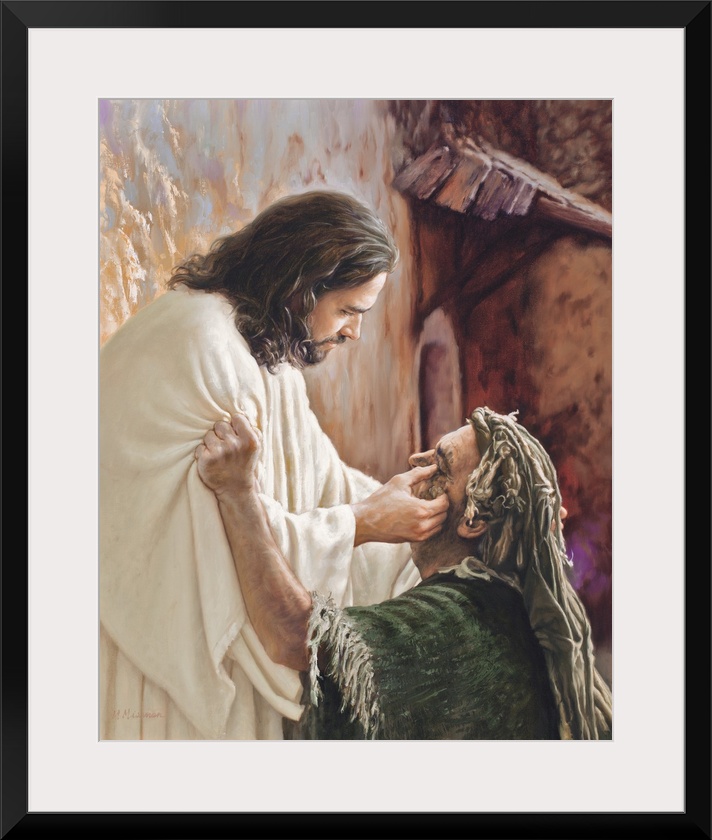 Fine art painting of Jesus rubbing a man's eyes.