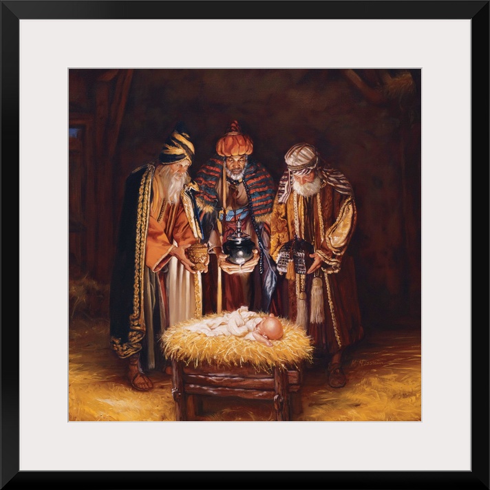 Religious art of three wise men bringing baby Jesus gifts.