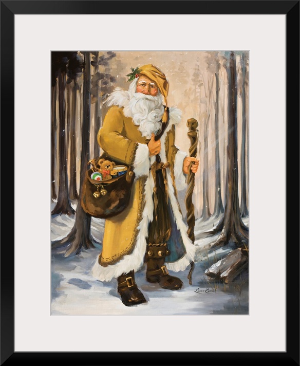 Painting of Santa in a yellow suit walking through the woods.