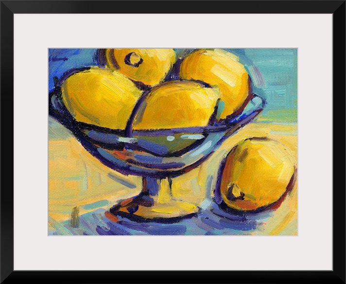 A contemporary abstract painting of a bowl of lemons against a blue background.