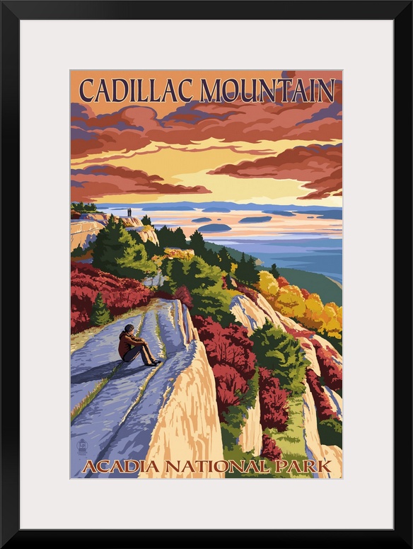 Acadia National Park, Maine - Cadillac Mountain: Retro Travel Poster