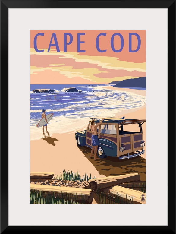 Retro stylized art poster of a vintage woody wagon with surfers on the beach at sunset.