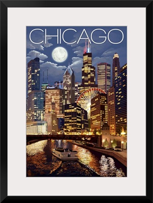 Chicago, Illinois - Skyline at Night: Retro Travel Poster