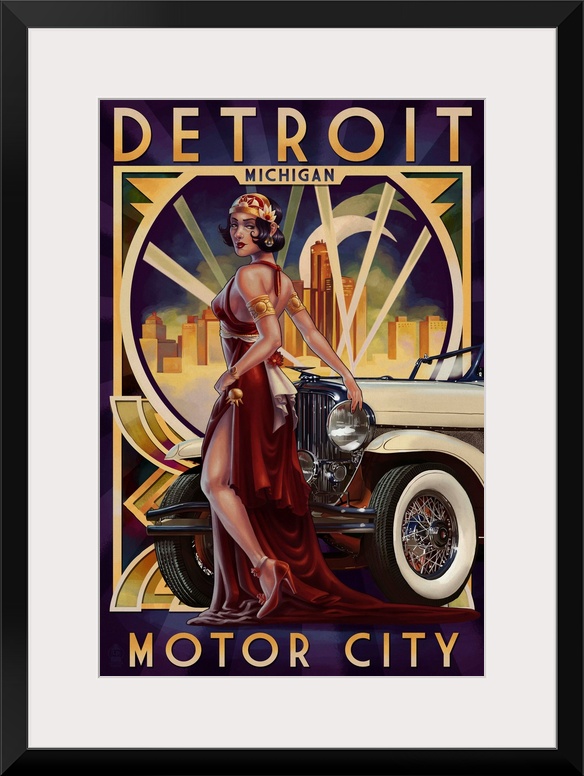 A stunning art deco style portrait of a glamorously dressed woman leaning against an antique automobile. Perfect for any v...