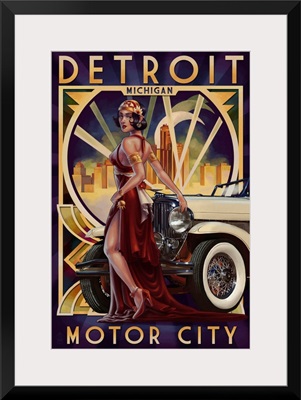 Detroit, Michigan - Deco Woman and Car: Retro Travel Poster