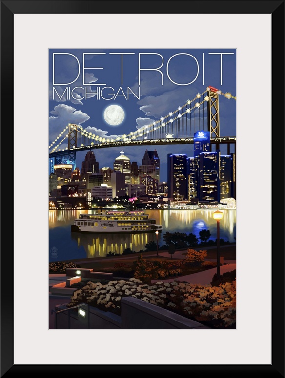 Detroit, Michigan - Skyline at Night: Retro Travel Poster