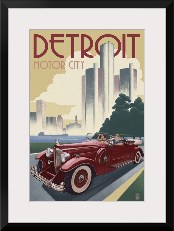 Detroit, Michigan - Vintage Car and Skyline: Retro Travel Poster