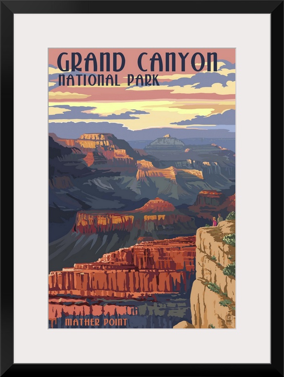 Retro stylized art poster of a view of a massive canyon.