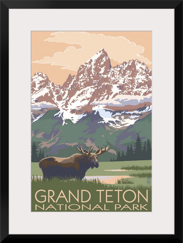 Grand Teton National Park - Moose and Mountains: Retro Travel Poster