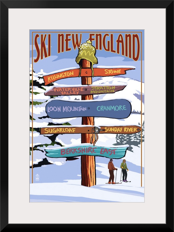 New England - Ski Areas Sign Destinations: Retro Travel Poster