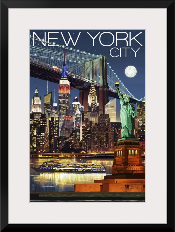 New York City, NY - Skyline at Night: Retro Travel Poster