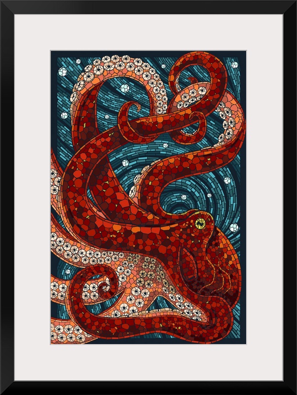 An intricately flowing mosaic-style image of a large red octopus fills the entire picture. Complimented by a dark teal mos...