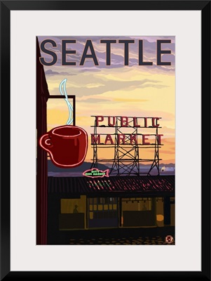 Pike Place Market - Sign and Water: Retro Travel Poster