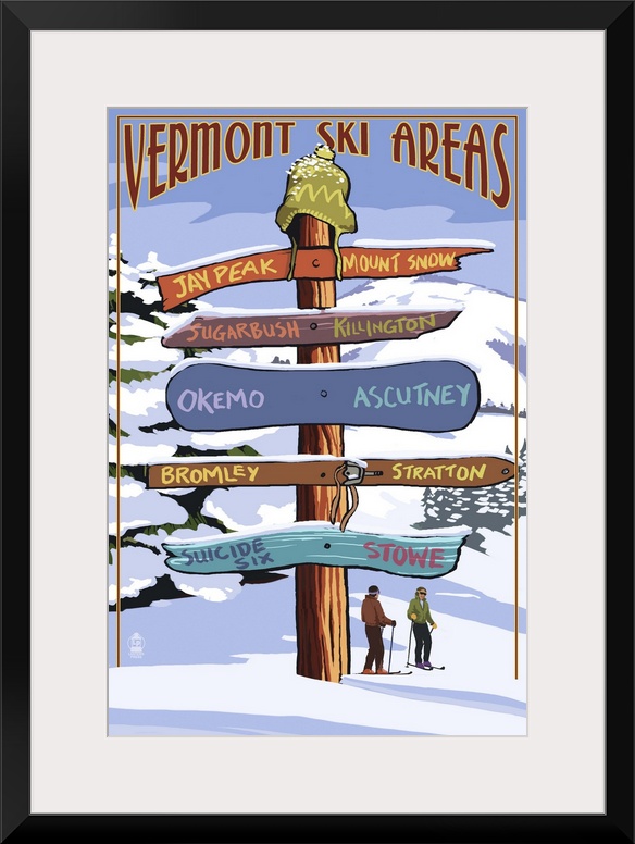 Retro stylized art poster of a sign post giving different directions.