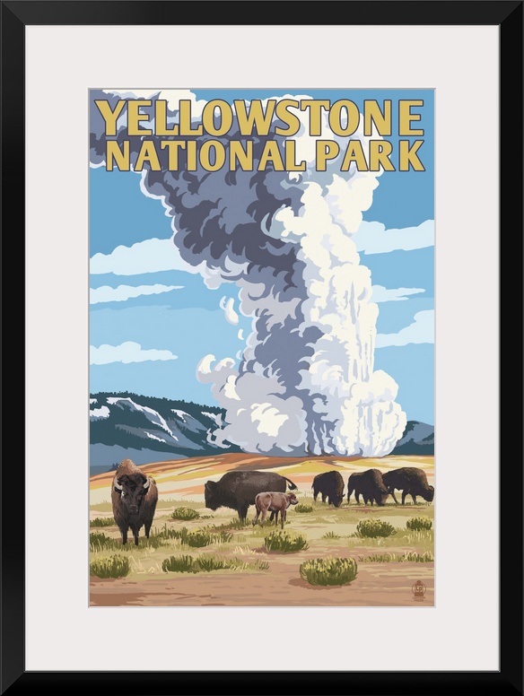 Yellowstone National Park - Old Faithful Geyser and Bison Herd: Retro Travel Poster