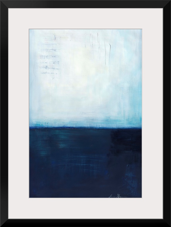 Contemporary abstract painting using dark blue and light blue colors meeting almost in the middle to create a colorfield.