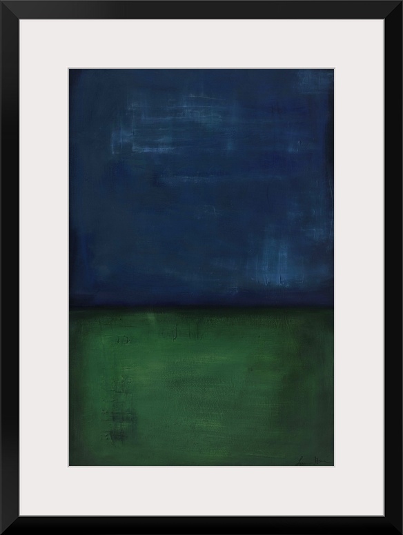 Contemporary abstract painting of a dark blue and green colorfield.