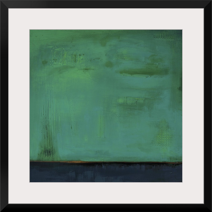 Square, abstract painting featuring large blocks of color in green and dark blue/gray