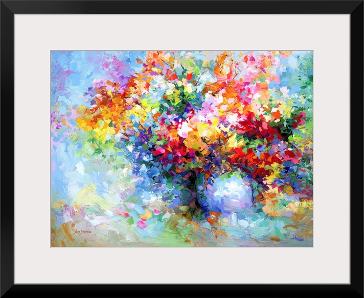 Contemporary painting of a colorful vase of flowers.