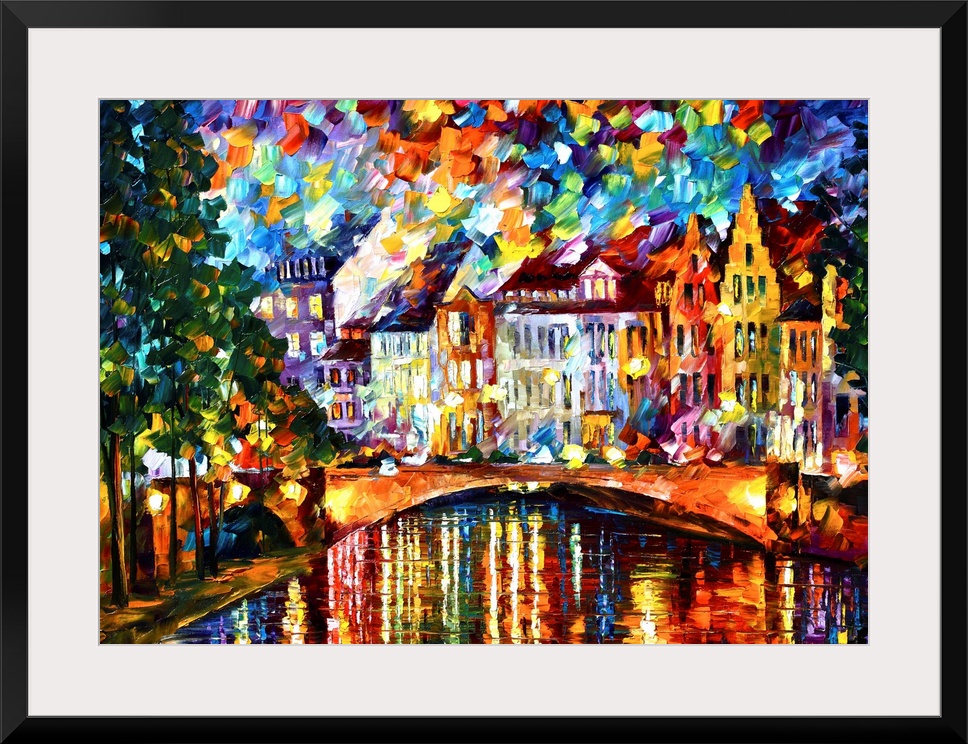 Brightly colored abstract painting of Amsterdam with short thick brush strokes on canvas.