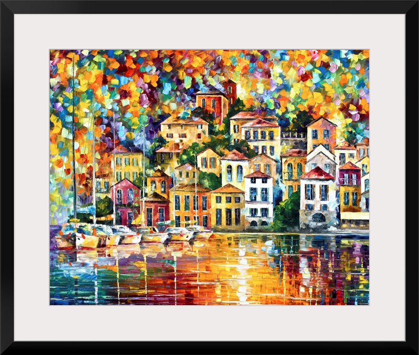 A contemporary painting that makes use of a saturated rainbow of colors to show a harbor with sail boats and homes built i...